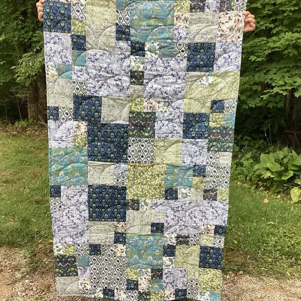 NWT. Hand Crafted Blues and Greens Gardens Quilt with Liberty Lawn Fabrics